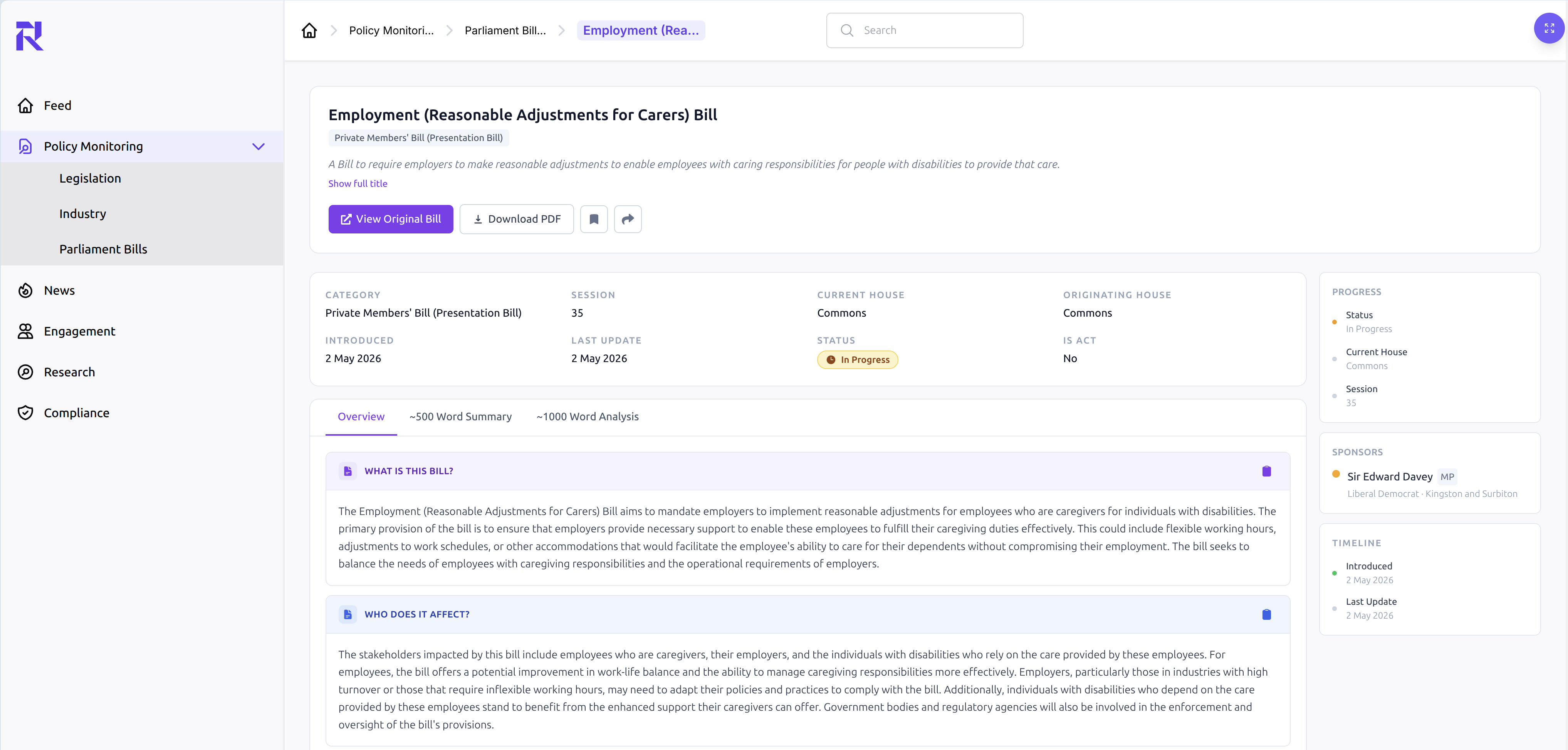 Repolify Parliament Bill detail page showing the Employment (Reasonable Adjustments for Carers) Bill with AI-generated summary, legislative metadata, and sponsor details