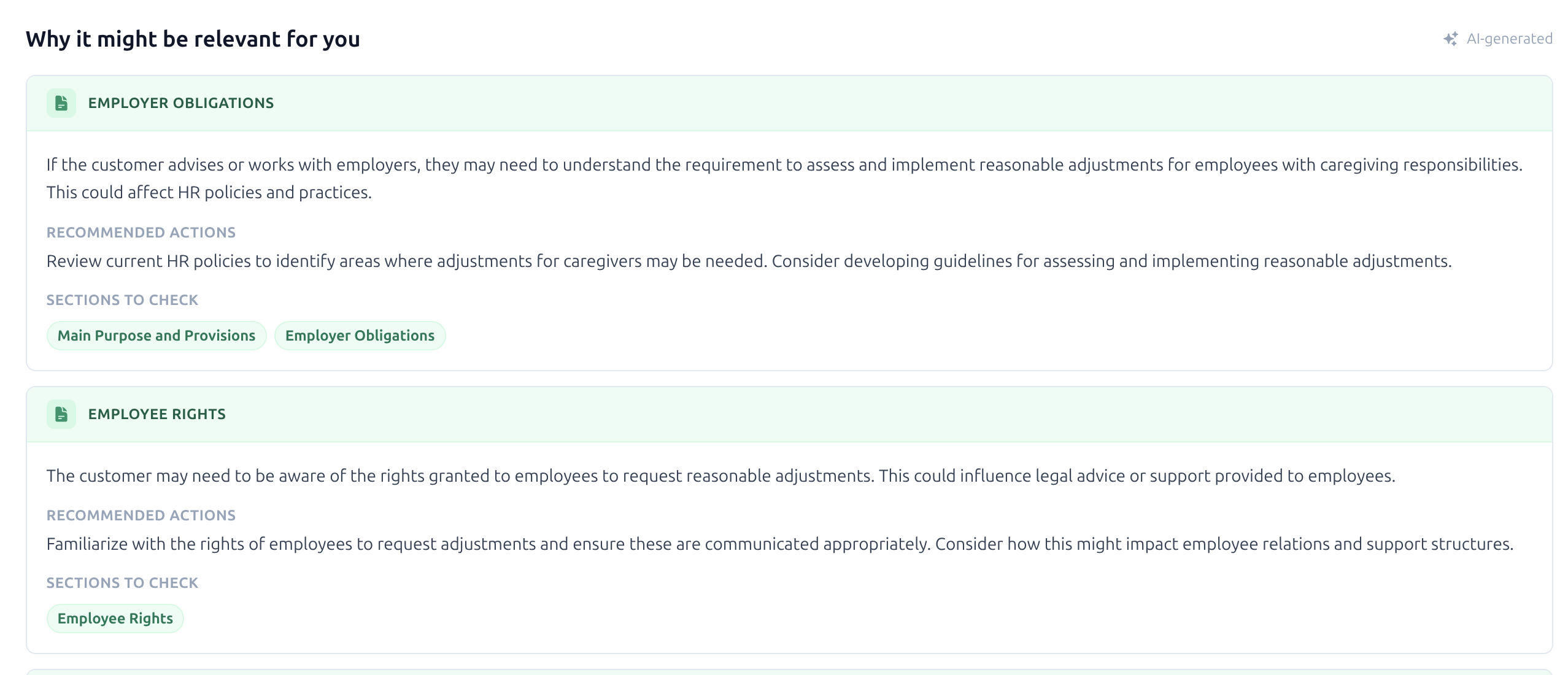 Repolify compliance workflow view showing AI-generated impact assessment cards with employer obligations, employee rights, and recommended actions for a Parliament bill