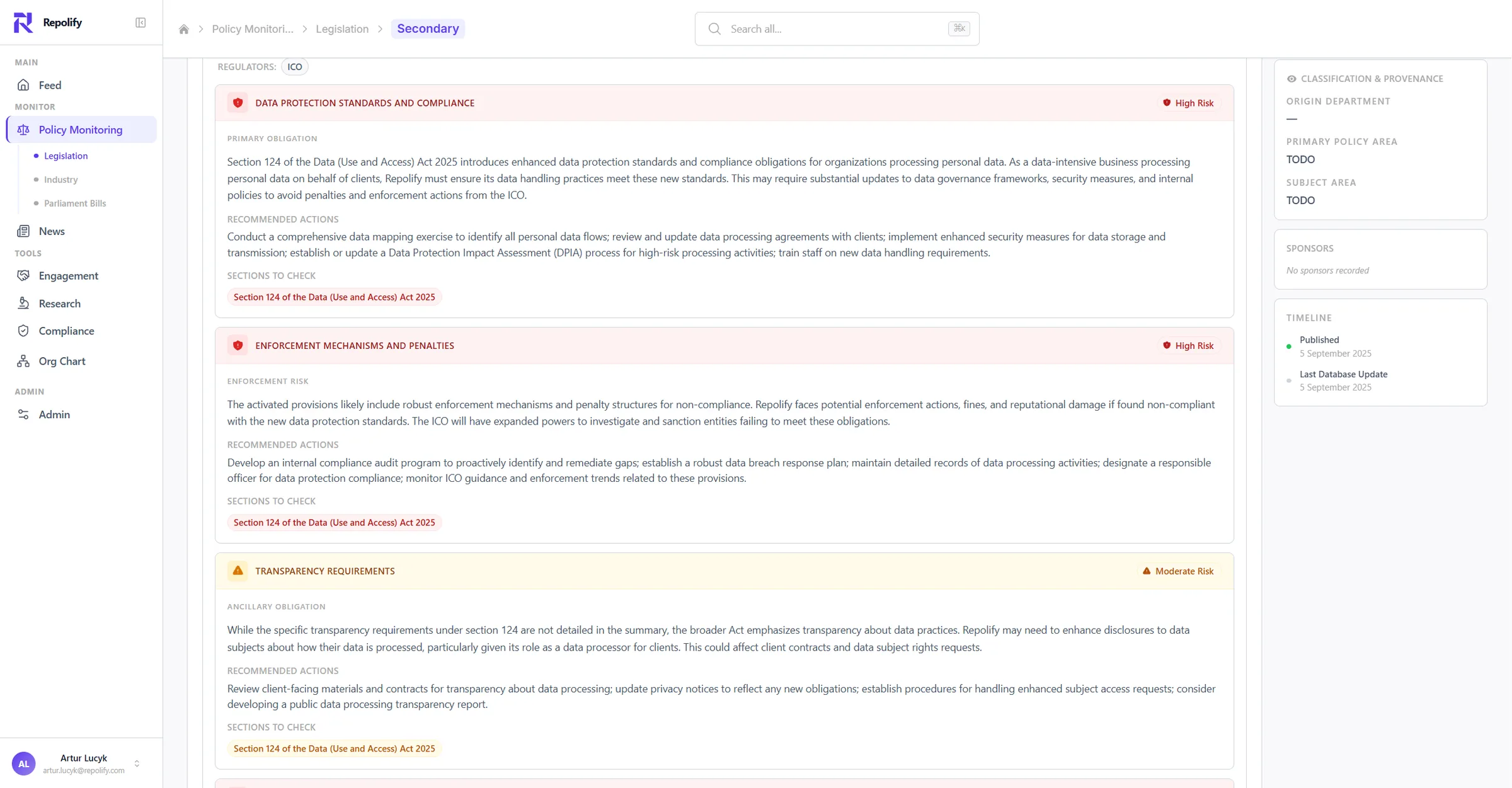 Repolify compliance workflow view showing AI-generated impact assessment cards with employer obligations, employee rights, and recommended actions for a Parliament bill