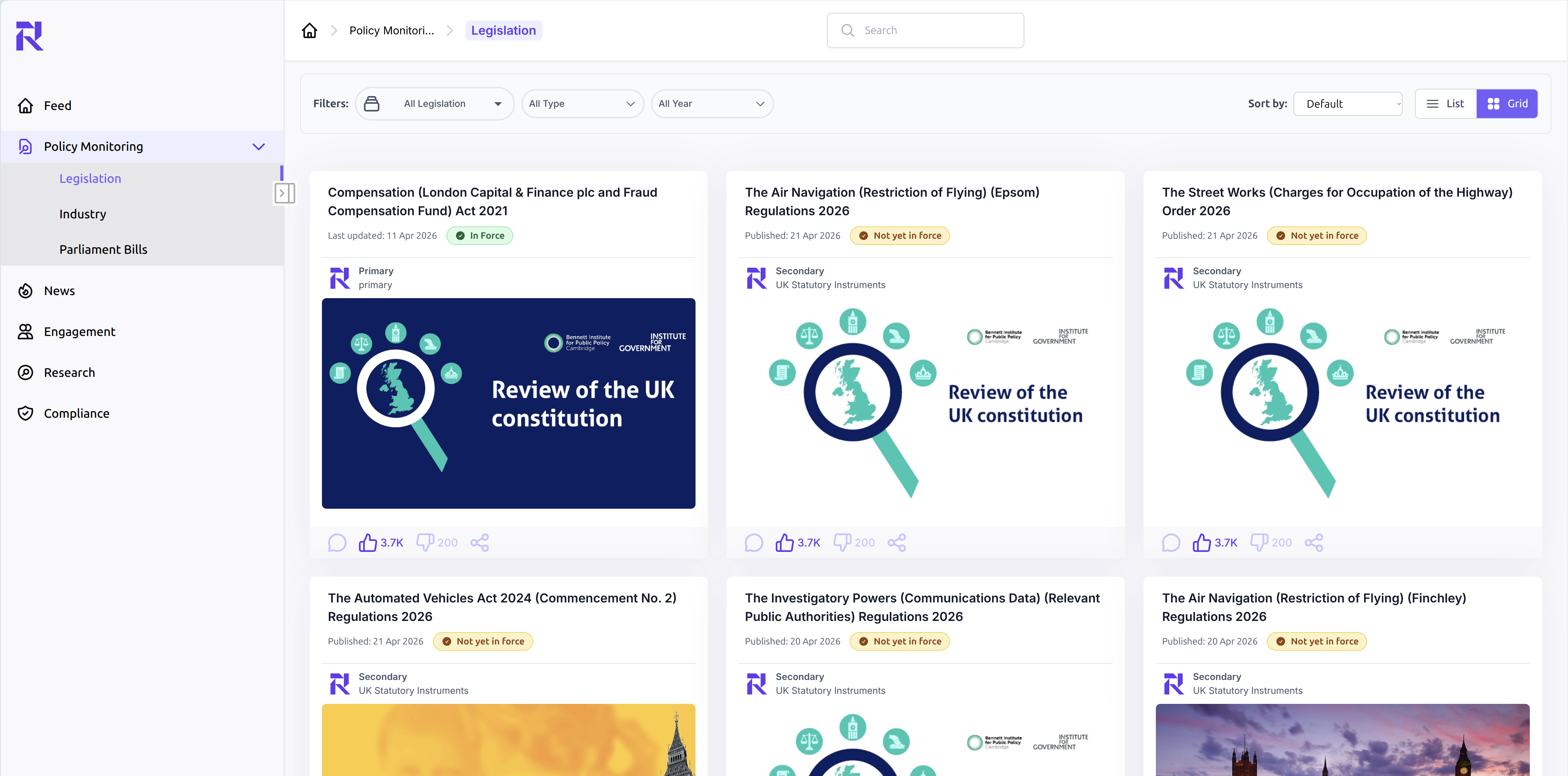 Repolify legislation monitoring dashboard showing a grid of UK Acts and Statutory Instruments with status badges and live filters