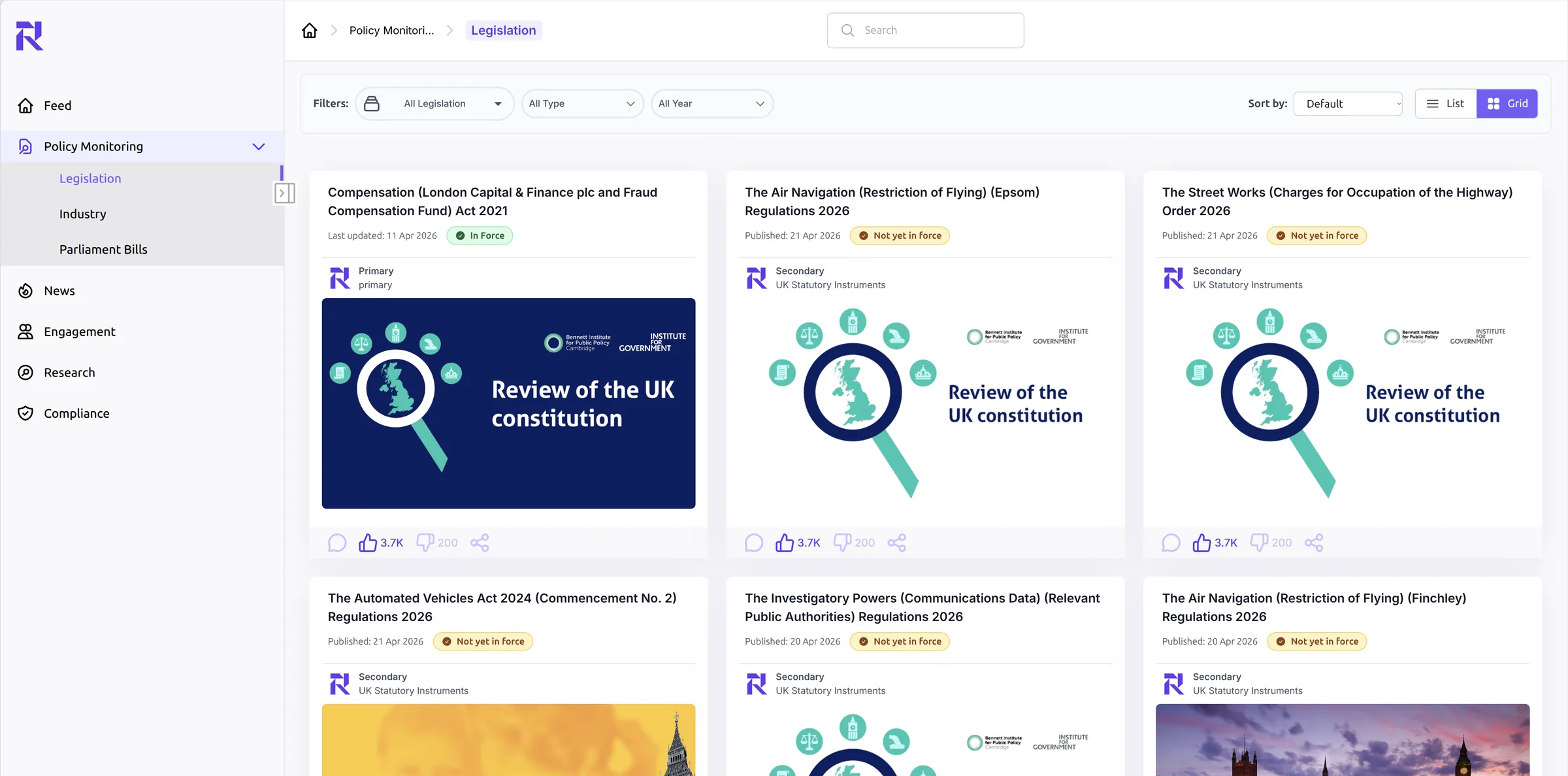 Repolify legislation monitoring dashboard showing a grid of UK Acts and Statutory Instruments with status badges and live filters